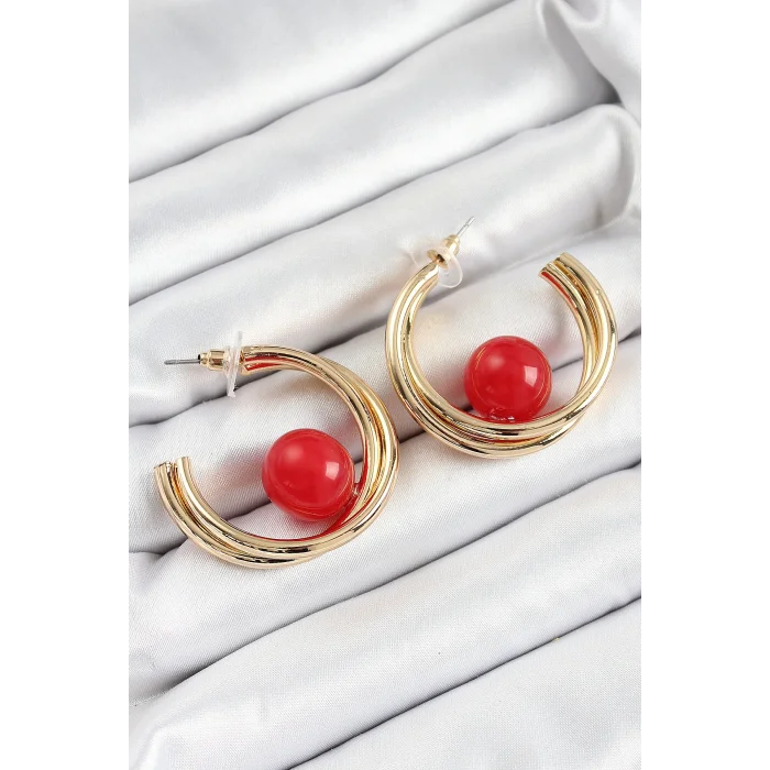 BUĞZ Pirinç Gold Renk Halka Model Kırmızı Boncuk Detay Kadın Küpe - Lisinya