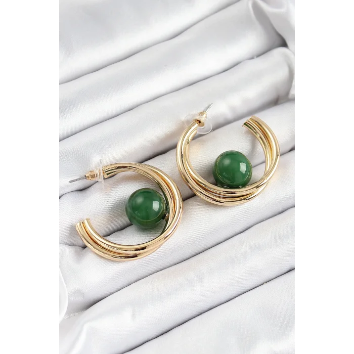BUĞZ Pirinç Gold Renk Halka Model Yeşil Boncuk Detay Kadın Küpe
