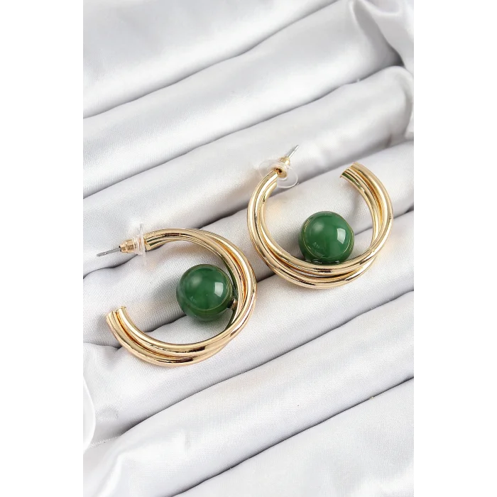 BUĞZ Pirinç Gold Renk Halka Model Yeşil Boncuk Detay Kadın Küpe - Lisinya