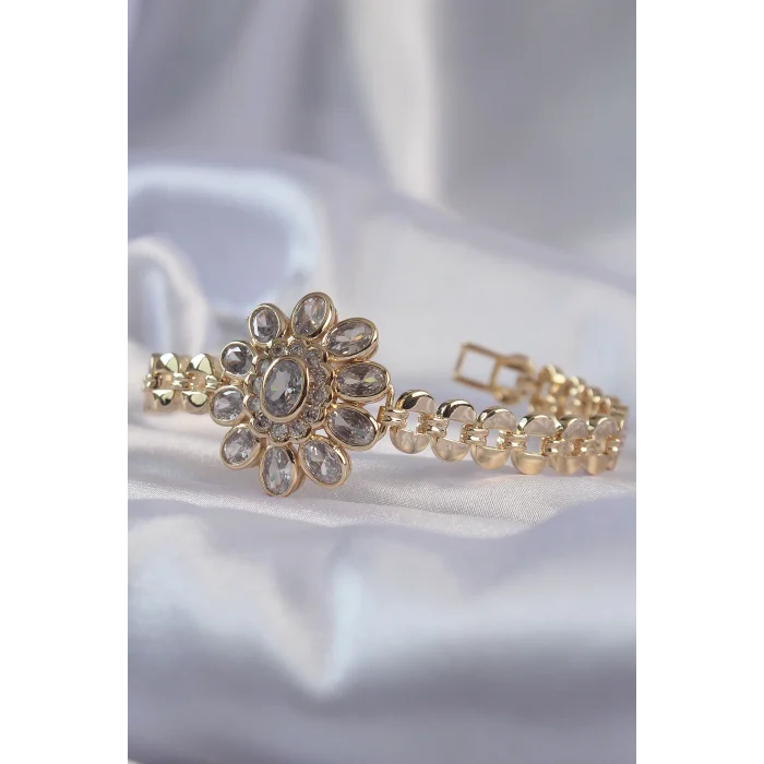 BUĞZ Pirinç Gold Renk İri Zirkon Taşlı Çiçek Figürlü Bileklik - Lisinya