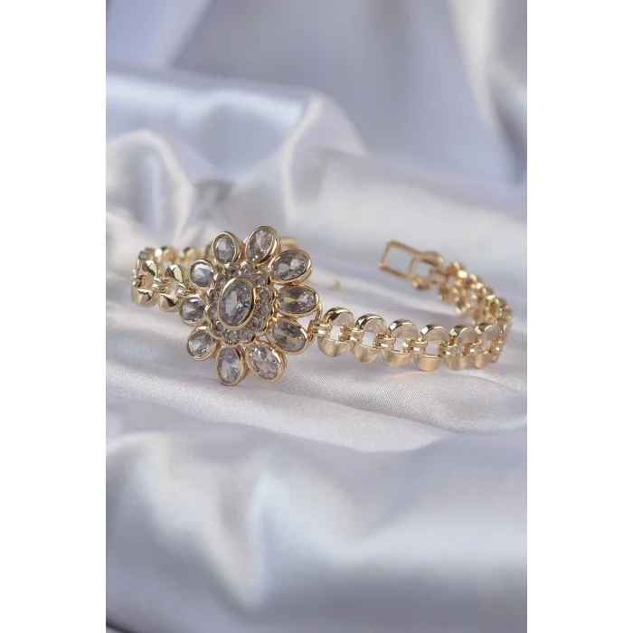 BUĞZ Pirinç Gold Renk İri Zirkon Taşlı Çiçek Figürlü Bileklik - Lisinya