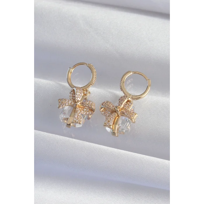 BUĞZ Pirinç Gold Renk İri Zirkon Taşlı Fiyonk Model Halka Küpe - Lisinya