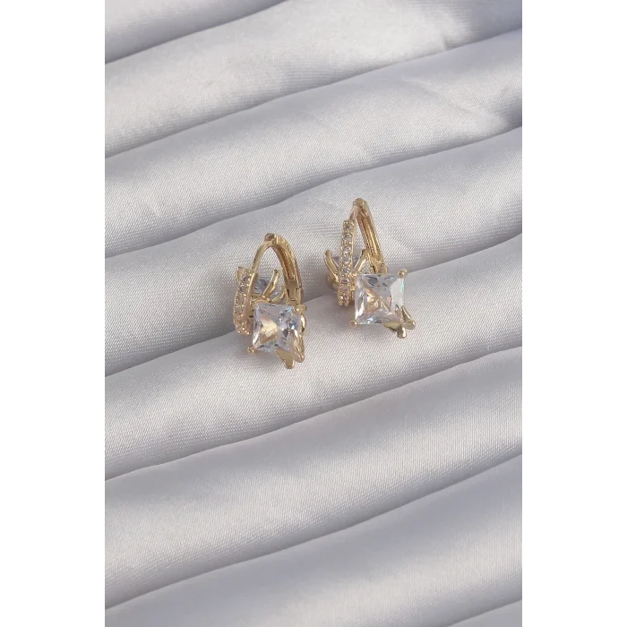 BUĞZ Pirinç Gold Renk İri Zirkon Taşlı Kıvrımlı Minimal Kelebekli Halka Küpe