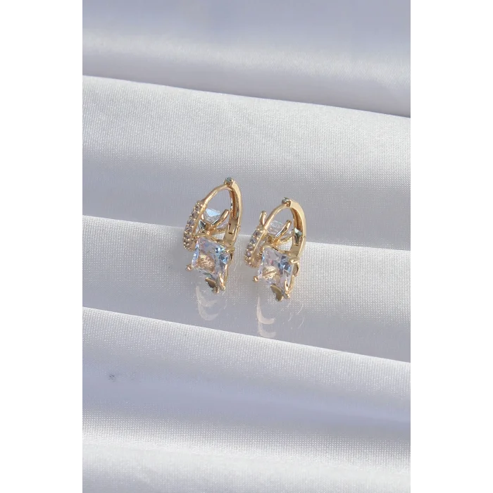 BUĞZ Pirinç Gold Renk İri Zirkon Taşlı Kıvrımlı Minimal Kelebekli Halka Küpe