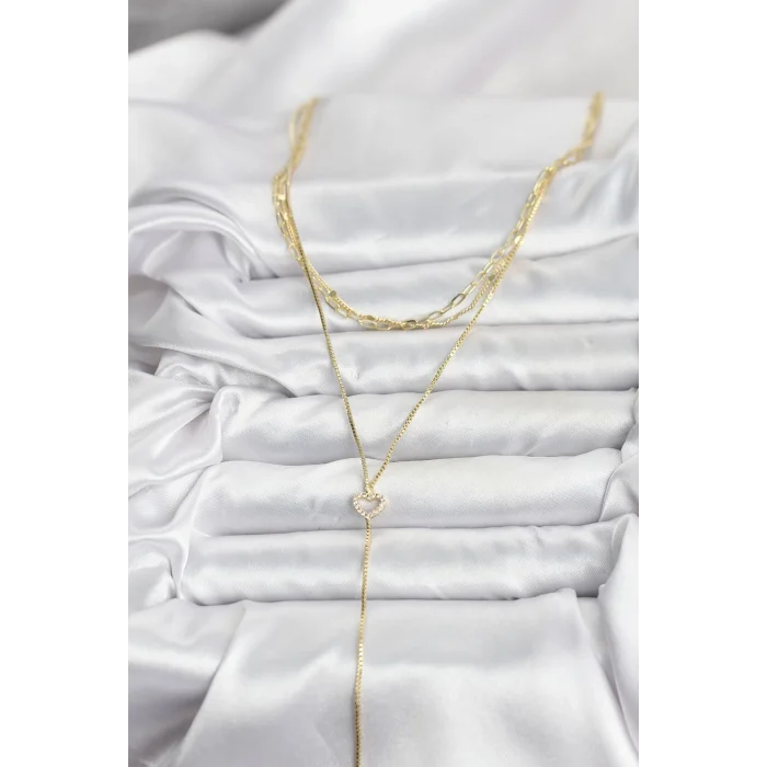 BUĞZ Pirinç Gold Renk Kalp Detaylı 3lü Kombin Y Kadın Kolye