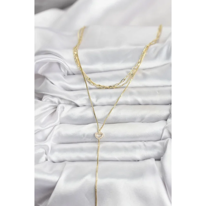 BUĞZ Pirinç Gold Renk Kalp Detaylı 3lü Kombin Y Kadın Kolye - Lisinya