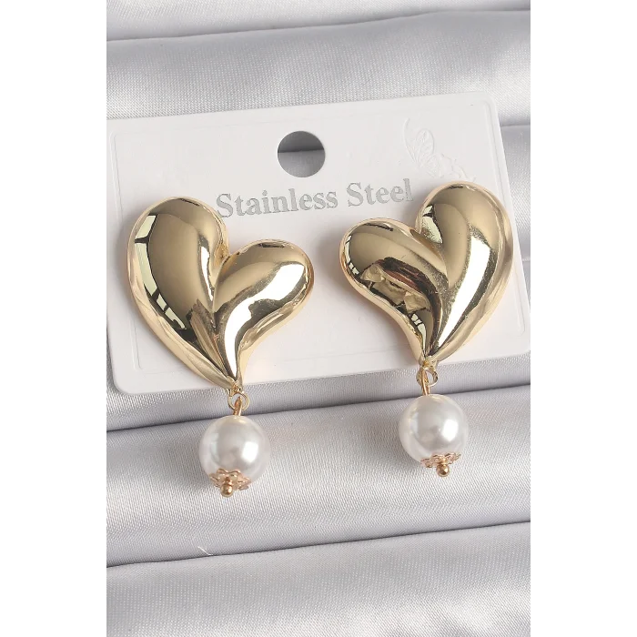 BUĞZ Pirinç Gold Renk Kalp Model Sallantı İnci Detay Kadın Küpe