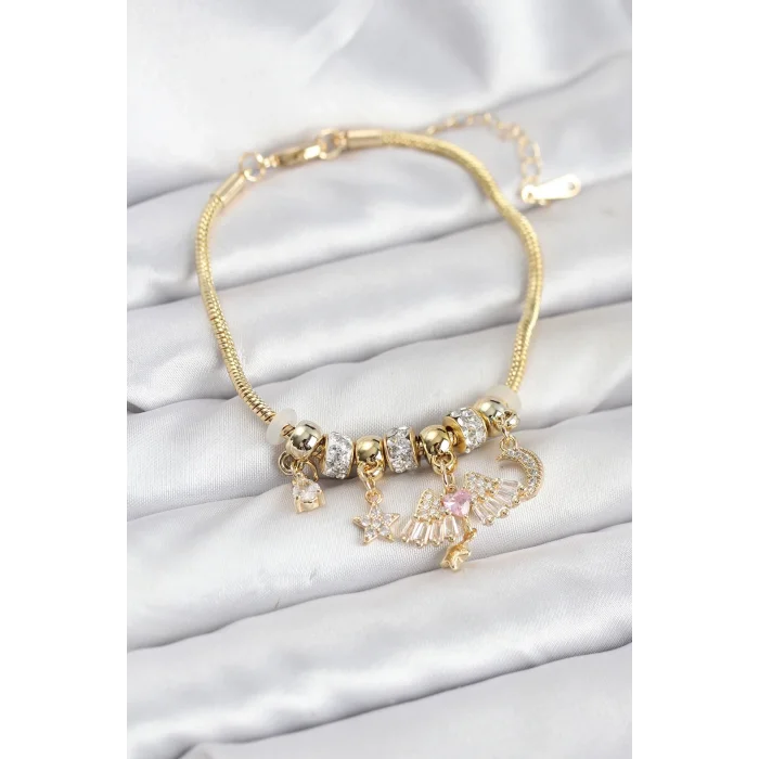 BUĞZ Pirinç Gold Renk Kanatlı Charmlı Kadın Bileklik