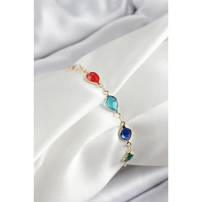 BUĞZ Pirinç Gold Renk Karışık Renk Damla Zirkon Taşlı Kadın Bileklik