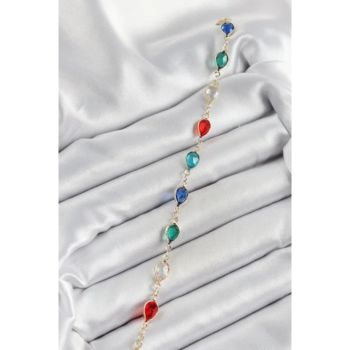 BUĞZ Pirinç Gold Renk Karışık Renk Damla Zirkon Taşlı Kadın Bileklik