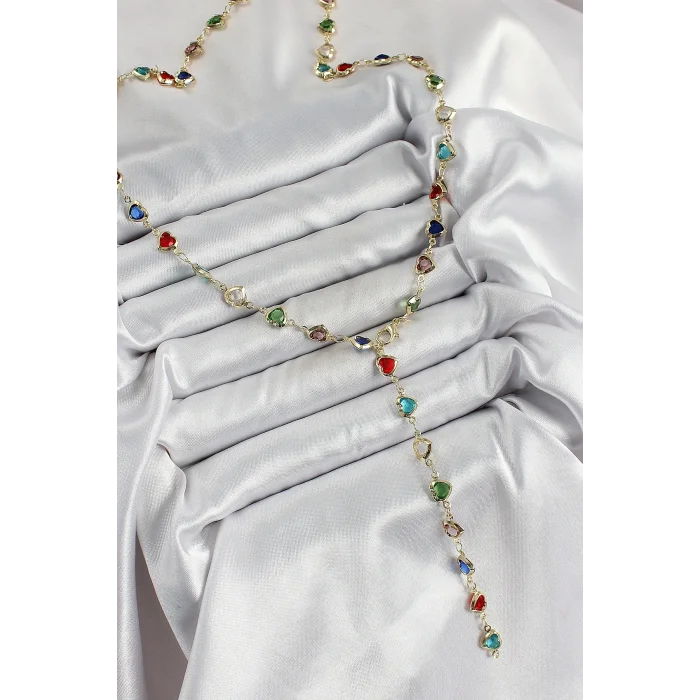 BUĞZ Pirinç Gold Renk Karışık Renk Zirkon Taşlı Kalpli Y Kadın Kolye