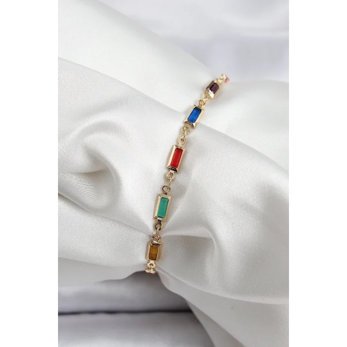 BUĞZ Pirinç Gold Renk Karışık Renkli Kare Zirkon Taşlı Kadın Bileklik