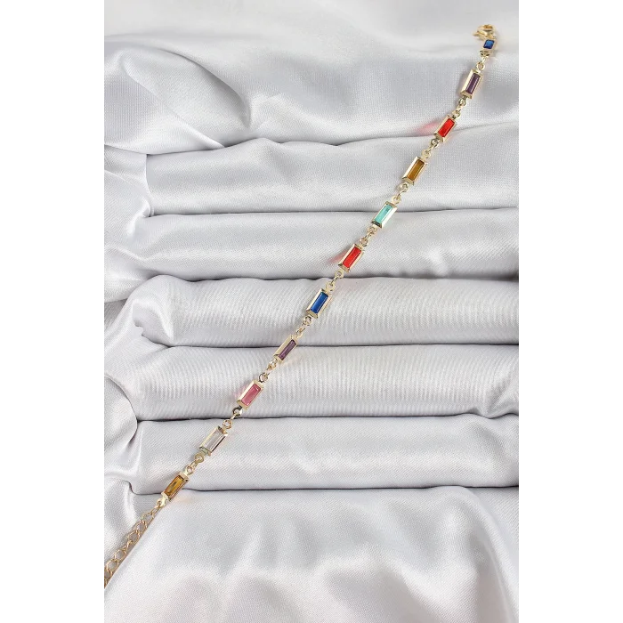 BUĞZ Pirinç Gold Renk Karışık Renkli Kare Zirkon Taşlı Kadın Bileklik - Lisinya