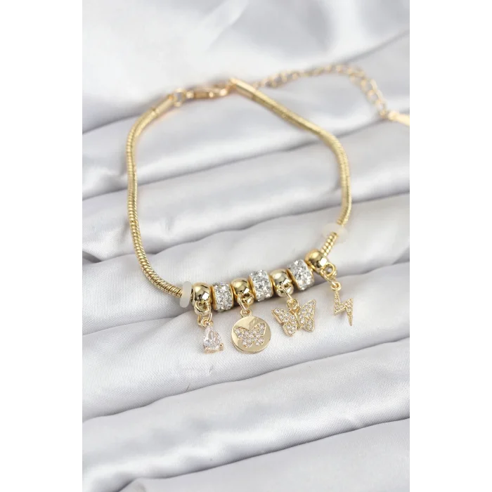 BUĞZ Pirinç Gold Renk Kelebek Charmlı Kadın Bileklik