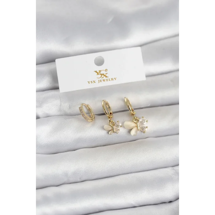 BUĞZ Pirinç Gold Renk Kelebek Model 3lü Kadın Küpe