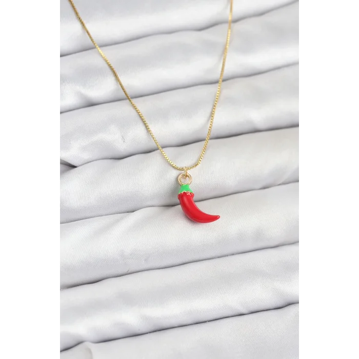 BUĞZ Pirinç Gold Renk Kırmızı Kapya Biber Model Kadın Kolye