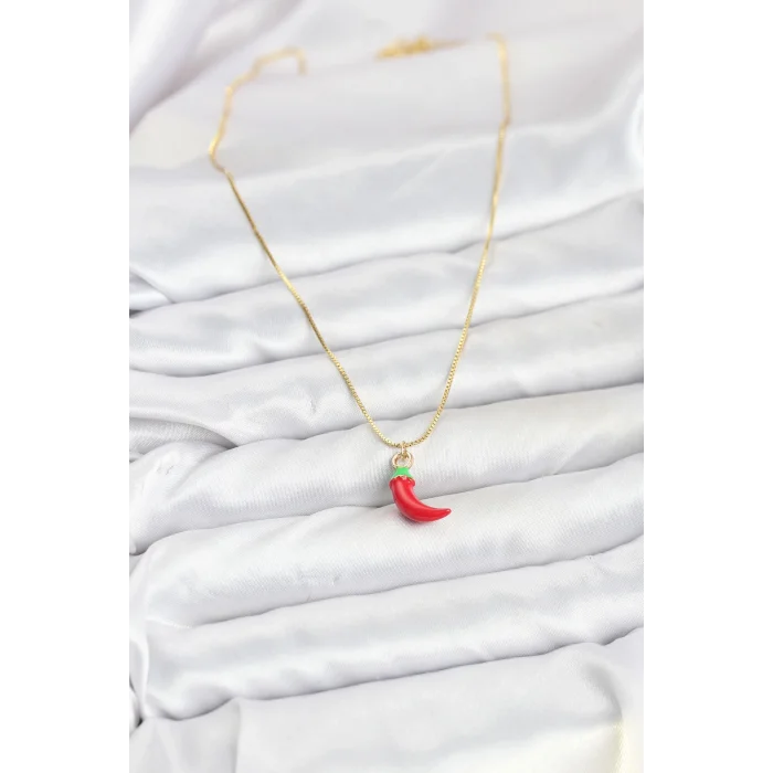 BUĞZ Pirinç Gold Renk Kırmızı Kapya Biber Model Kadın Kolye