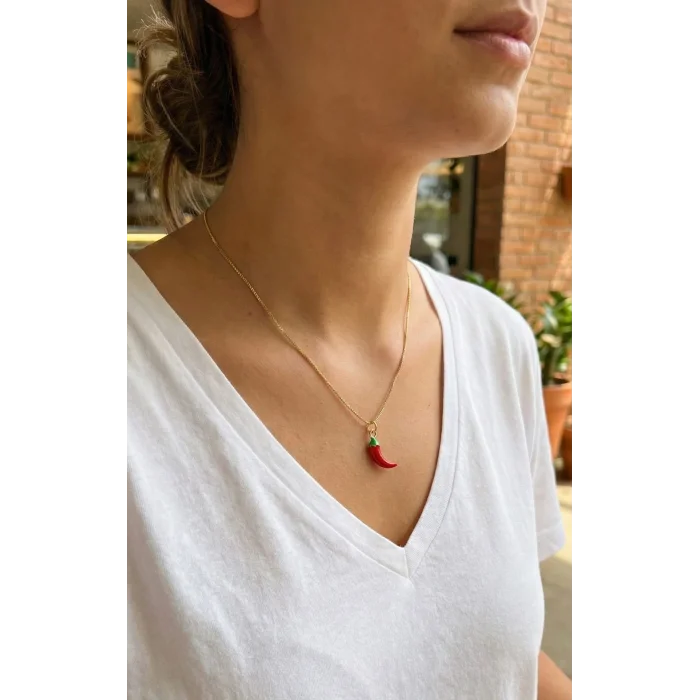 BUĞZ Pirinç Gold Renk Kırmızı Kapya Biber Model Kadın Kolye - Lisinya