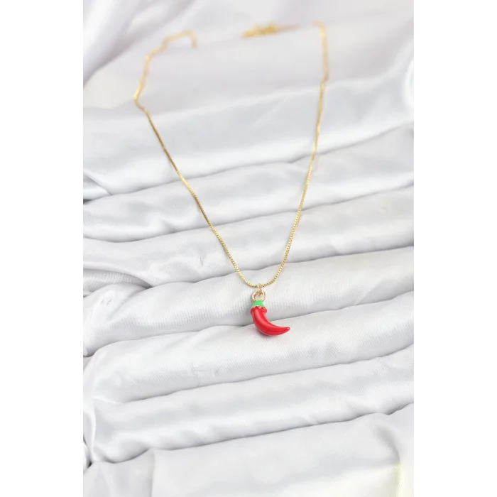 BUĞZ Pirinç Gold Renk Kırmızı Kapya Biber Model Kadın Kolye - Lisinya