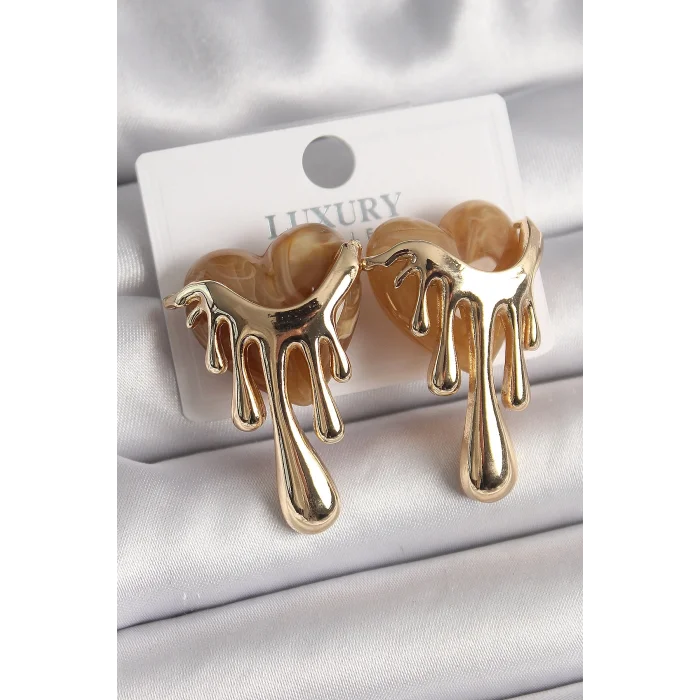 BUĞZ Pirinç Gold Renk Krem Sedefli Akan Kalp Model Kadın Küpe