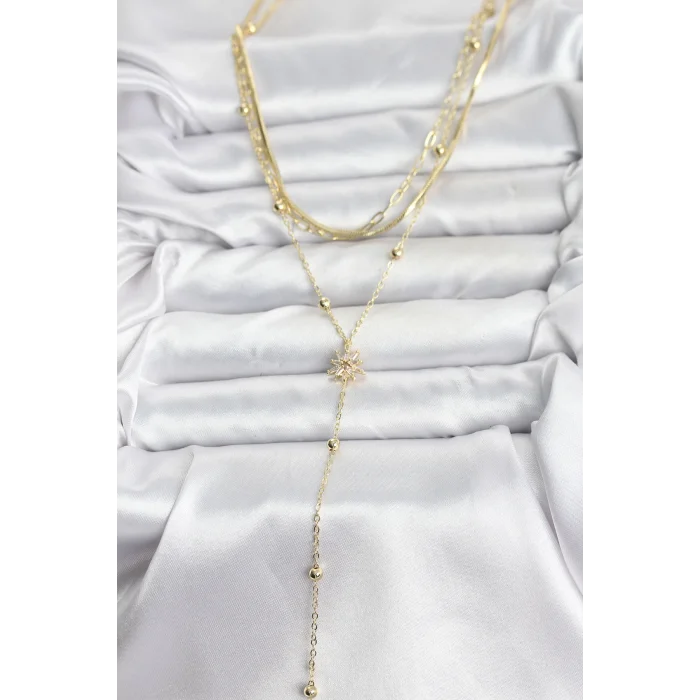 BUĞZ Pirinç Gold Renk Kutup Yıldızı Model Detaylı 3lü Kombin Y Kadın Kolye - Lisinya