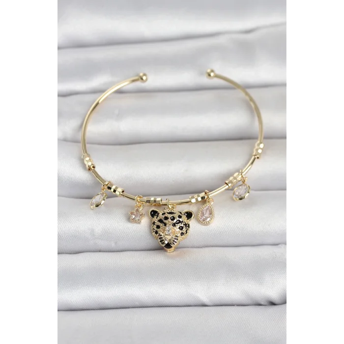 BUĞZ Pirinç Gold Renk Leopar Detaylı Charmlı Kadın Bileklik