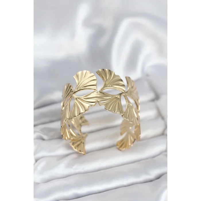 BUĞZ Pirinç Gold Renk Levha Yelpaze Model Kadın Bileklik