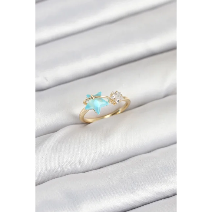 BUĞZ Pirinç Gold Renk Mavi Yıldızlı Model Kadın Yüzük