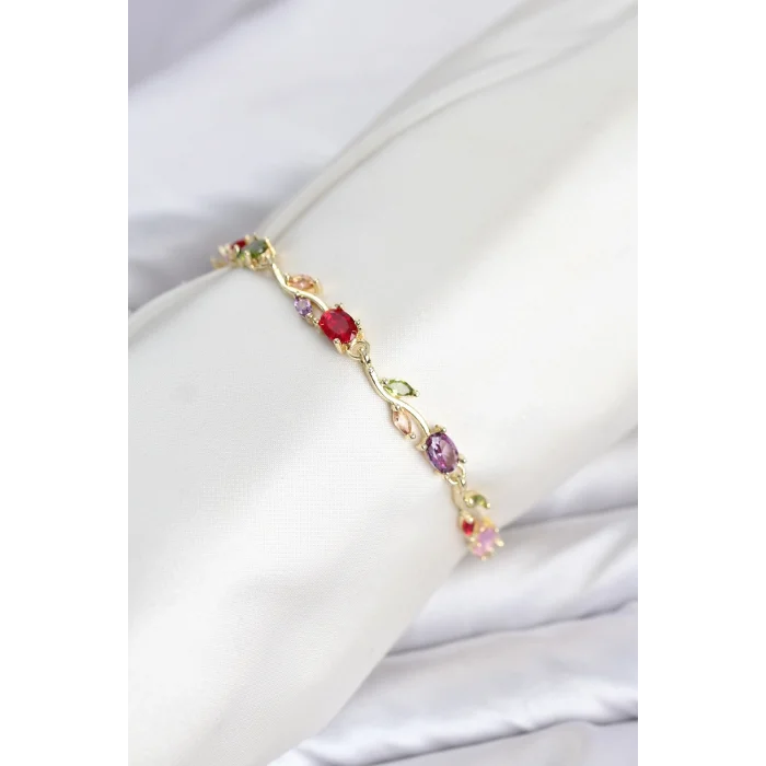 BUĞZ Pirinç Gold Renk Mix Renk Zirkon Taşlı Çiçek Model Kadın Bileklik