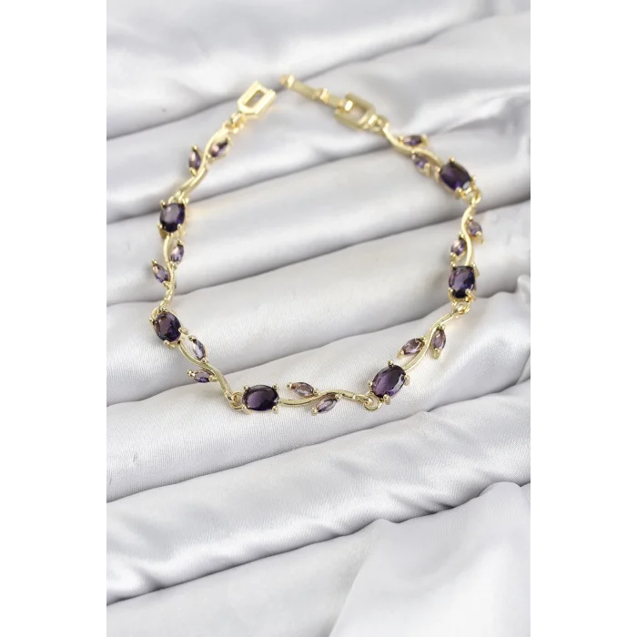 BUĞZ Pirinç Gold Renk Mor Zirkon Taşlı Çiçek Model Kadın Bileklik