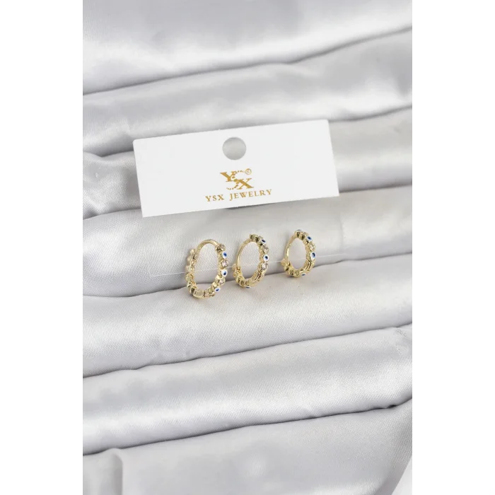 BUĞZ Pirinç Gold Renk Nazarlı Model 3lü Kadın Küpe