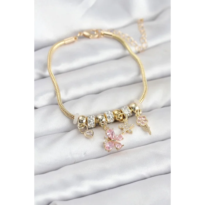 BUĞZ Pirinç Gold Renk Pembe Kelebek Charmlı Kadın Bileklik