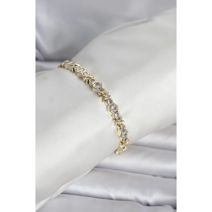 BUĞZ Pirinç Gold Renk Petek Model Zirkon Taşlı Kadın Bileklik