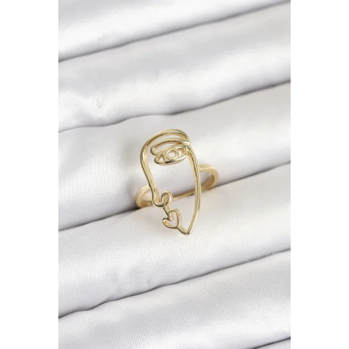 BUĞZ Pirinç Gold Renk Picasso Tarzı Tek Çizgi Yüz Model Kadın Yüzük