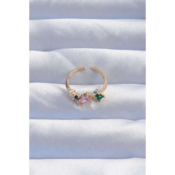 BUĞZ Pirinç Gold Renk Renkli Zirkon Taşlı Ayarlanabilir Yüzük - Lisinya