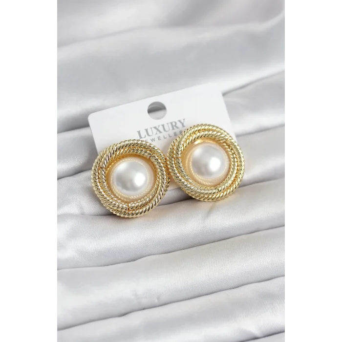 BUĞZ Pirinç Gold Renk Sarmal Model İncili Kadın Küpe
