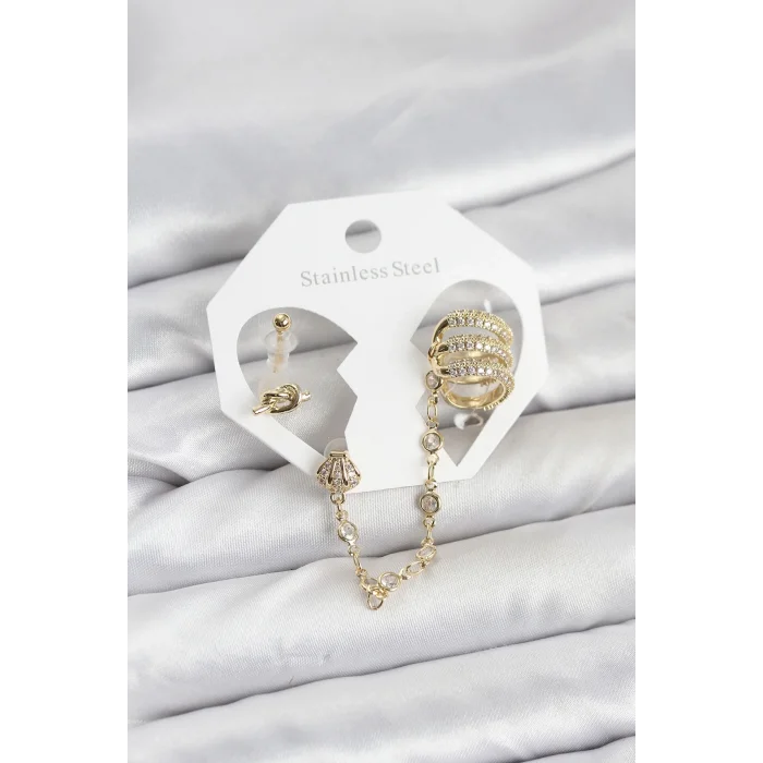 BUĞZ Pirinç Gold Renk Sarmal Model Zincir Bağlantılı Ear Cuff Küpe Seti