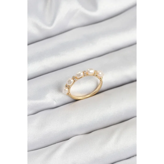 BUĞZ Pirinç Gold Renk Sıralı İncili Kadın Yüzük