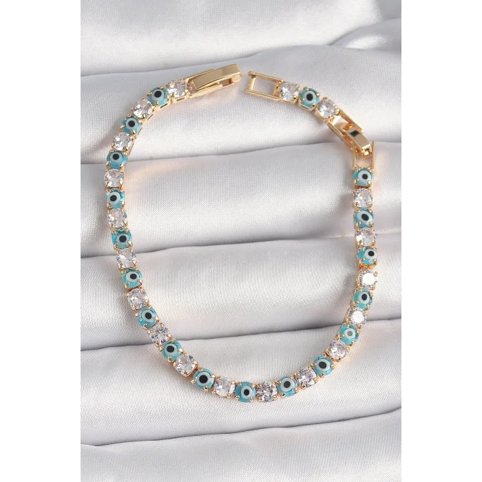 BUĞZ Pirinç Gold Renk Su Yolu Zirkon Taşlı Nazar Boncuklu Kadın Bileklik