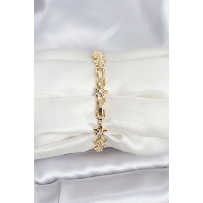 BUĞZ Pirinç Gold Renk VIP Seri Sıralı Taşlı Yıldız Model Zirkon Taşlı Kadın Bileklik