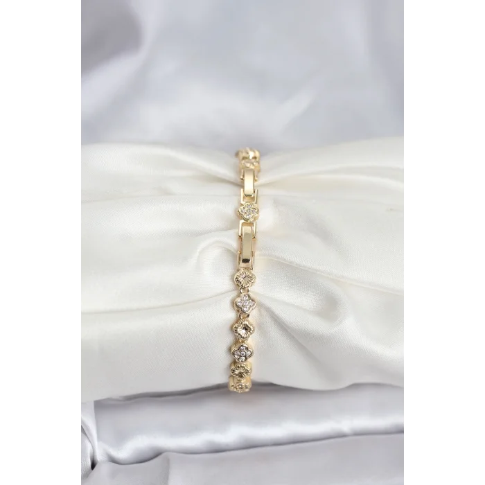 BUĞZ Pirinç Gold Renk VIP Seri Sıralı Yonca Model Zirkon Taşlı Kadın Bileklik