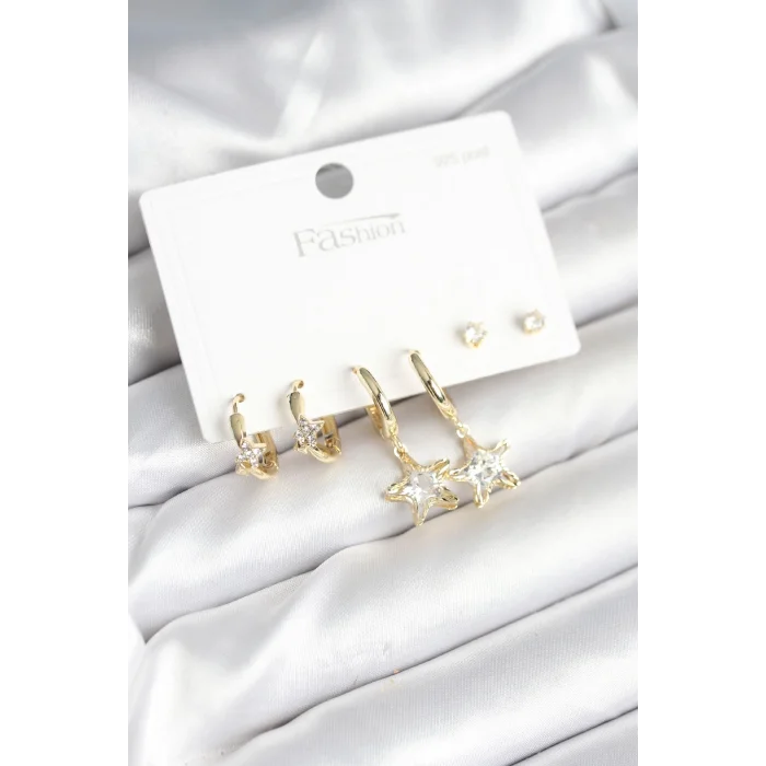BUĞZ Pirinç Gold Renk Yıldız Model 925 Gümüş Çivili Kadın Küpe Seti