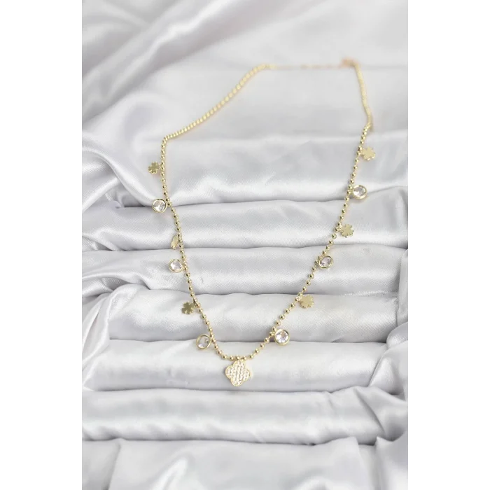 BUĞZ Pirinç Gold Renk Yonca Model Kadın Kolye