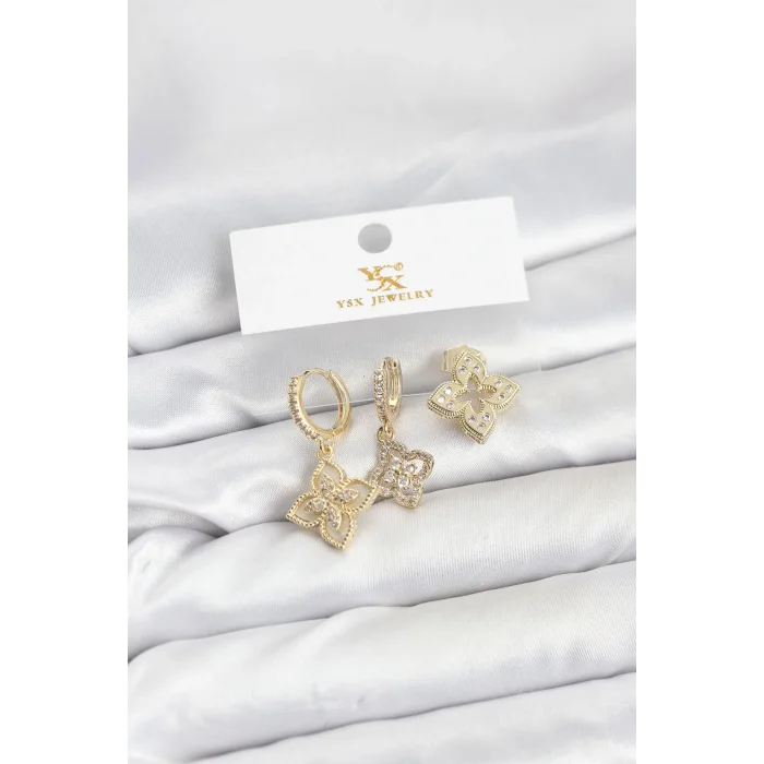 BUĞZ Pirinç Gold Renk Yonca Model YSX Trio Küpe Seti