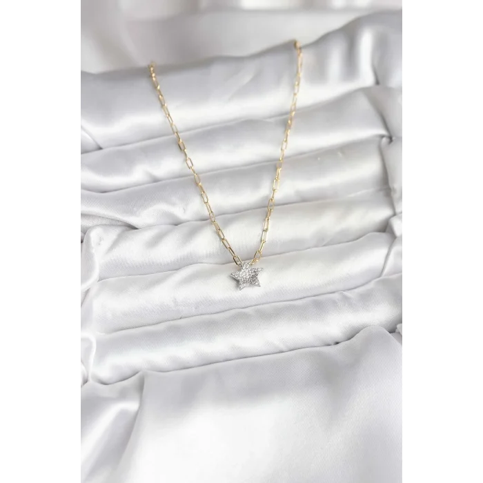 BUĞZ Pirinç Gold Renk Zincirli Zirkon Taşlı Minimal Yıldız Model Kadın Kolye