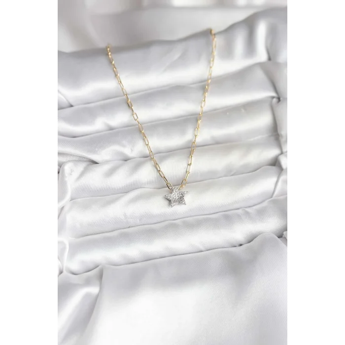 BUĞZ Pirinç Gold Renk Zincirli Zirkon Taşlı Minimal Yıldız Model Kadın Kolye - Lisinya