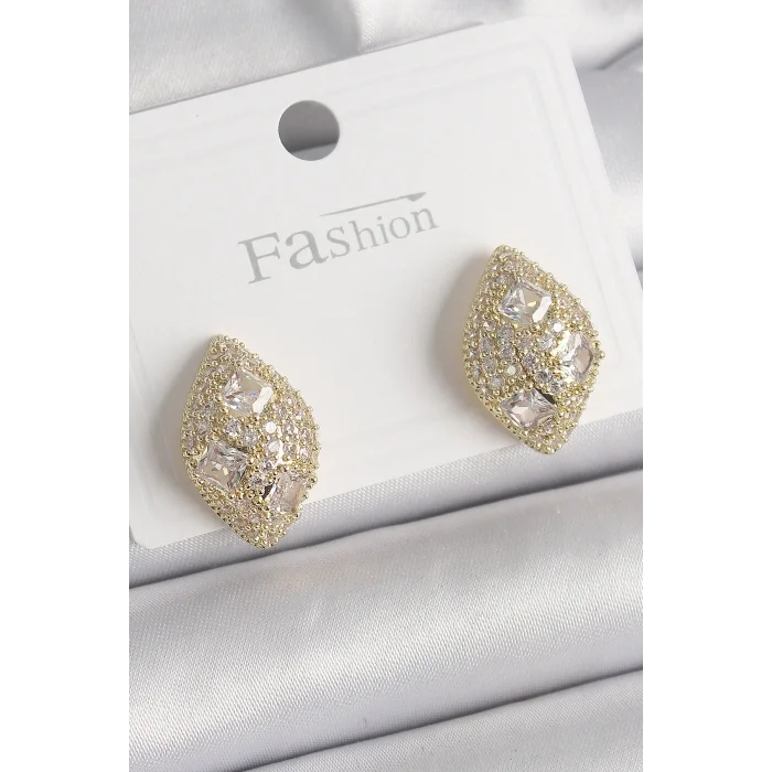 BUĞZ Pirinç Gold Renk Zirkon Taş İşlemeli Damla Model Kadın Küpe