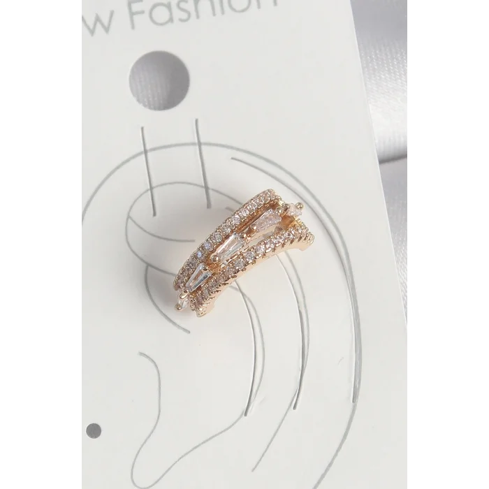 BUĞZ Pirinç Gold Renk Zirkon Taşlı 3Lü Sıralı Model Kadın Kıkırdak Küpe