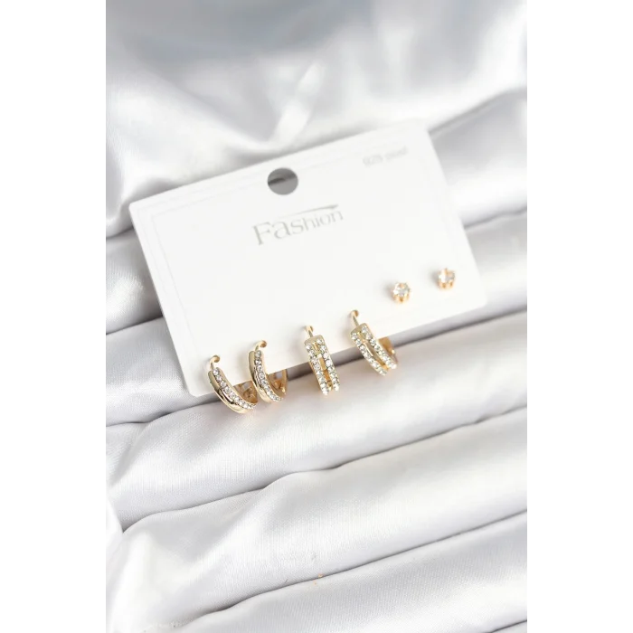 BUĞZ Pirinç Gold Renk Zirkon Taşlı 925 Gümüş Çivili Kadın Küpe Seti