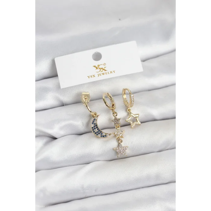 BUĞZ Pirinç Gold Renk Zirkon Taşlı Ay ve Yıldız Model YSX Trio Küpe Seti